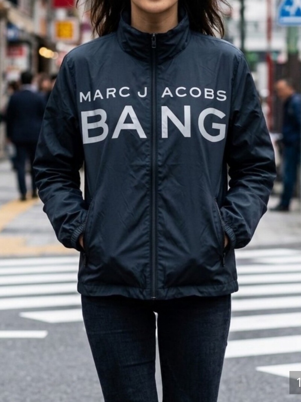 Marc Jacobs BANG Logo Windbreaker Black Jacket w/ Silver Lettering